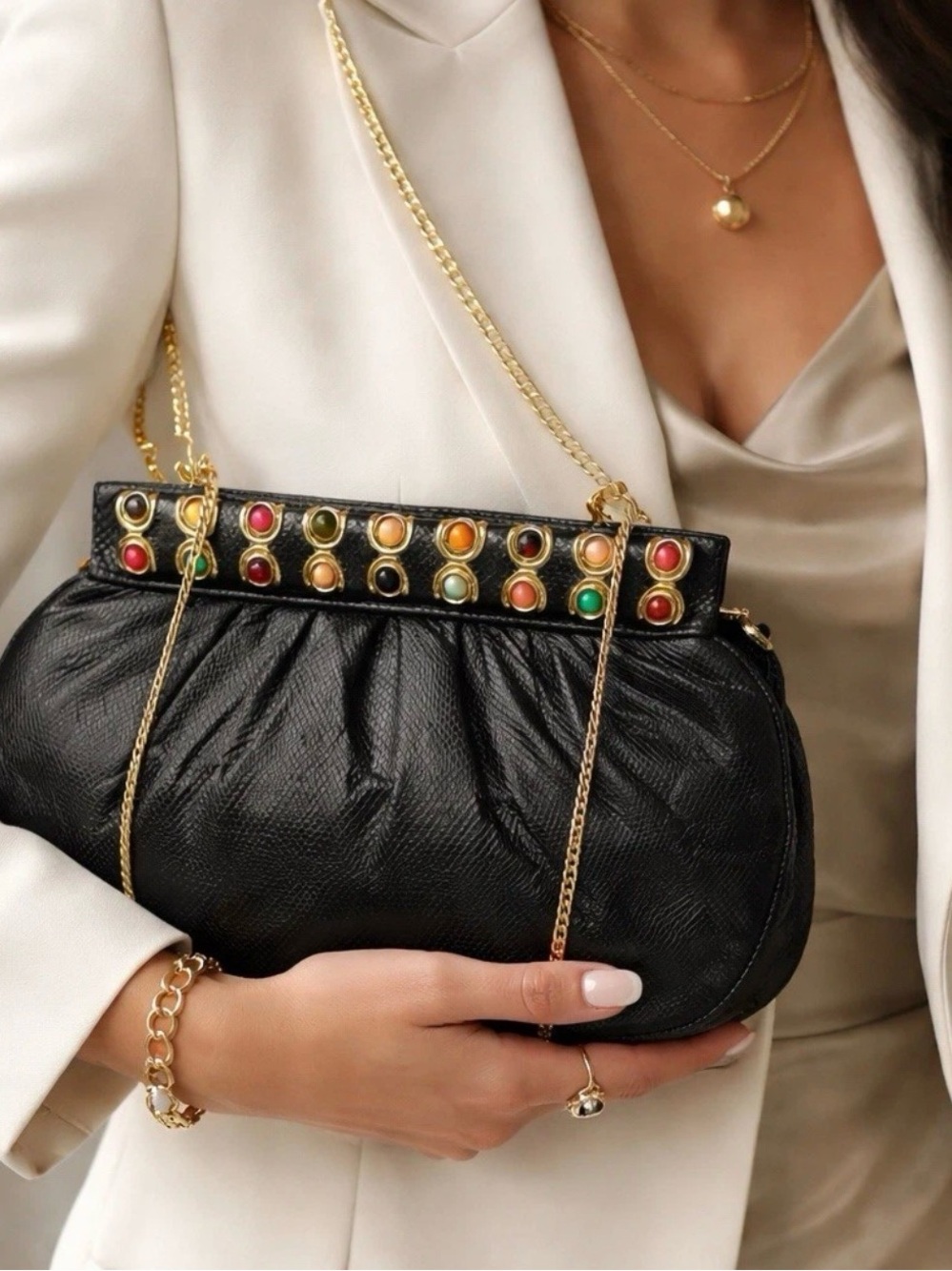 Ashreil Vintage Black Snakeskin Clutch Gold Chain Multi Stone Frame Bag